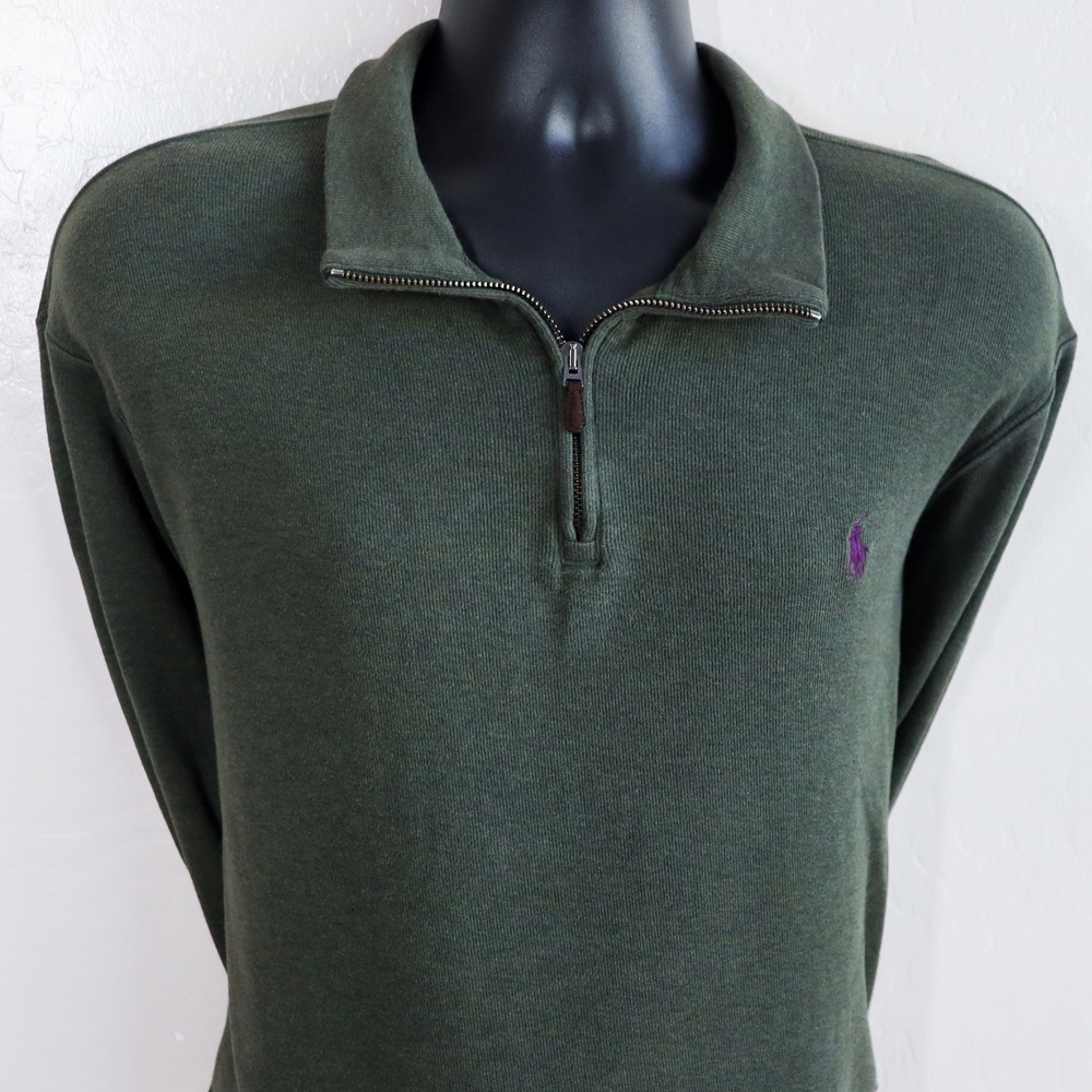 Polo Ralph Lauren Estate Rib 1/4 Zip Pullover Mens‎ XL Green Sweater Purple Pony